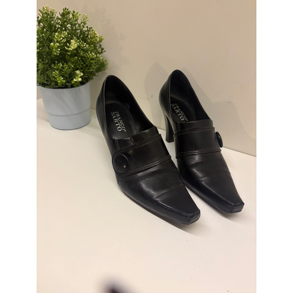 WhimsyGoth Black Pointed Square Toe Button Strap Pumps Heels Size 8M